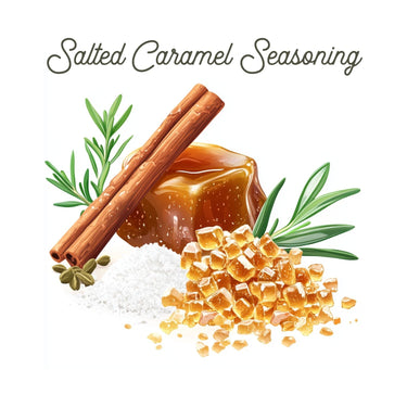 Illustration of all-natural caramel blend ingredients—caramel chunks, sea salt, cinnamon sticks, and green herbs—with Salted Caramel Seasoning 🍯 written above in cursive font.